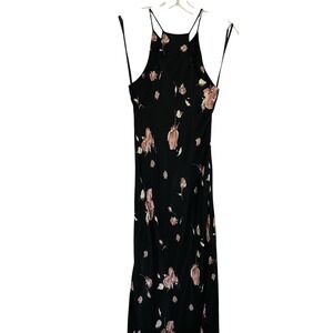 VTG Maxi Slip Dress Black/Pink Floral Brocade Whimsigoth Fairy Y2K 90s Rayon Med